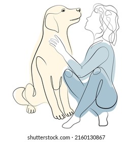 Woman and dog one line drawing white isolated background