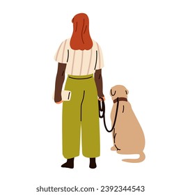 Mujer, dueña del perro de pie con perrito, sentada sobre correa, vista trasera. Carácter femenino y cachorro, animal canino por detrás, por detrás. Ilustración vectorial gráfica plana aislada en fondo blanco