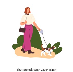 Woman, dog owner walking with puppy, leading it on leash. Girl going with doggy, strolling outdoors in nature. Female character and cute pup. Flat vector illustration isolated on white background