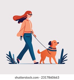 Woman, dog owner walking with puppy, leading it on leash. Girl going with doggy, strolling outdoors in nature. Female character and cute pup. Flat vector illustration isolated on white background