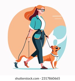 Woman, dog owner walking with puppy, leading it on leash. Girl going with doggy, strolling outdoors in nature. Female character and cute pup. Flat vector illustration isolated on white background