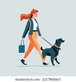 Woman, dog owner walking with puppy, leading it on leash. Girl going with doggy, strolling outdoors in nature. Female character and cute pup. Flat vector illustration isolated on white background