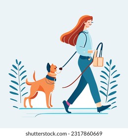 Woman, dog owner walking with puppy, leading it on leash. Girl going with doggy, strolling outdoors in nature. Female character and cute pup. Flat vector illustration isolated on white background