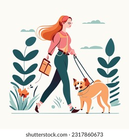 Woman, dog owner walking with puppy, leading it on leash. Girl going with doggy, strolling outdoors in nature. Female character and cute pup. Flat vector illustration isolated on white background