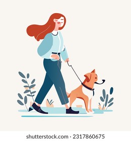 Woman, dog owner walking with puppy, leading it on leash. Girl going with doggy, strolling outdoors in nature. Female character and cute pup. Flat vector illustration isolated on white background