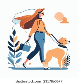 Woman, dog owner walking with puppy, leading it on leash. Girl going with doggy, strolling outdoors in nature. Female character and cute pup. Flat vector illustration isolated on white background