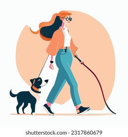 Woman, dog owner walking with puppy, leading it on leash. Girl going with doggy, strolling outdoors in nature. Female character and cute pup. Flat vector illustration isolated on white background