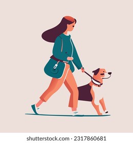 Woman, dog owner walking with puppy, leading it on leash. Girl going with doggy, strolling outdoors in nature. Female character and cute pup. Flat vector illustration isolated on white background