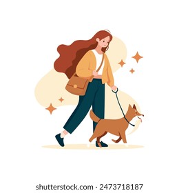 Dueña de un perro caminando con un cachorro que lo lleva con correa. Chica que va con perro. Ilustración vectorial aislada en blanco.