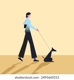 Woman dog owner walking with puppy leading it on leash. Girl going with doggy. Vector illustration isolated on white.