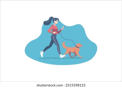 Dona de cachorro mulher andando com cachorrinho levando-o na coleira. Garota indo com cachorro. Ilustração vetorial.	