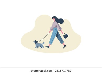 Dona de cachorro mulher andando com cachorrinho levando-o na coleira. Garota indo com cachorro. Ilustração vetorial.