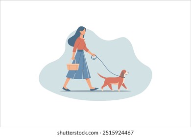 Dona de cachorro mulher andando com cachorrinho levando-o na coleira. Garota indo com cachorro. Ilustração vetorial.
