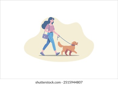 Dona de cachorro mulher andando com cachorrinho levando-o na coleira. Garota indo com cachorro. Ilustração vetorial.