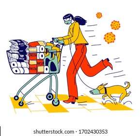 Woman and Dog in Protective Facial Masks Pushing Shopping Cart Full of Different Goods for Doomsday. Panic in Supermarket, Pandemic Chaos, Character Prepare for Apocalypse. Linear Vector Illustration