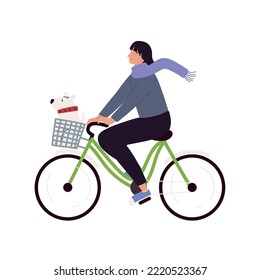 woman and dog riding bicycle icon isolated