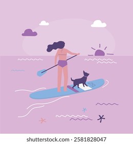 Woman with dog riding sup board on water. Girl surfer outdoor recreation on sunset. Sport lady standing with paddle on board, sea summer enjoy. Active female character rest. flat vector illustration