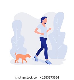 Woman and dog run. Healthy lifestyle, working out, exercising.