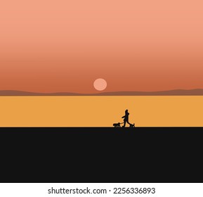 Woman and dog running free on beach on golden sunset. Running and playing along the water's edge. Beautiful orange color
