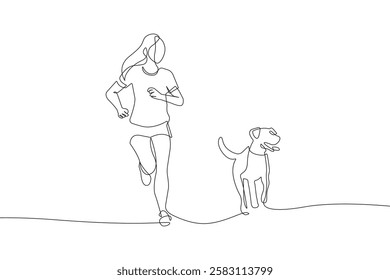 Woman with Dog Running Together Continuous One Line Drawing. Woman and Dog One Line Vector Illustration. Minimal Trendy Design for Vet Design, Social Media, Posters, Invitations, Branding. Not AI