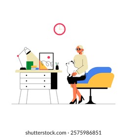 Woman With Dog Sitting At Office Desk In Flat Vector Illustration Symbolizing Pet Friendly Workspace, Productivity, And Relaxation, Isolated On White Background