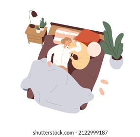 Woman and dog sleeping together in bed. Pet owner and doggy asleep in bedroom at night. Person hugging canine animal, lying, relaxing at home. Flat vector illustration isolated on white background