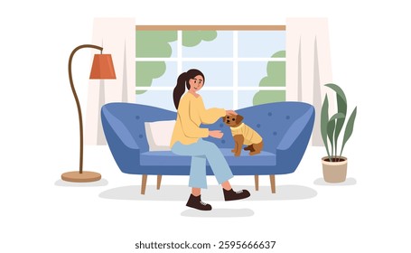 Woman with dog in the sofa illustration. People with pet. Girl and animal. Cozy sofa. Lamp. Plant. Girl and dog in the home. Girl and animal in the living room.