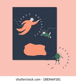 Woman and dog in spacesuits , handwritten text : space adventures. Alien,  monster. Copybook design. Vector illustration