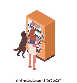 Woman and dog stand near vending machine vector isometric illustration. Female and pet choosing snack and drink isolated on white background. Customer buy junk food at automated self service kiosk
