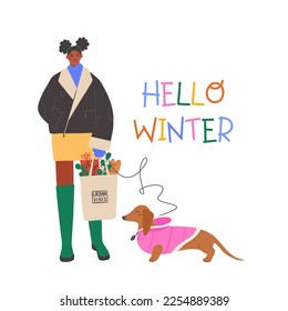 Woman and dog standing together in trendy outfits. Winter street style fashion illustration. Hand drawn vector card design.