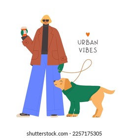Woman and dog standing together in trendy outfits. Winter street style fashion illustration. Dog walking concept. Hand drawn vector card design. 