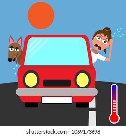 woman and dog sticking their heads out of red car and sweating in hot weather vector illustration