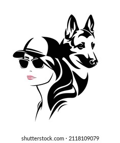 woman dog trainer wearing sunglasses and baseball cap with german shepherd dog - beautiful young girl and her pet vector portrait