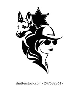 woman dog trainer wearing sunglasses and cowboy hat with german shepherd dog - beautiful sheriff girl with badge and her pet handdrawn vector portrait