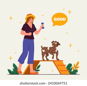 Woman with dog training. Young girl with blue bone near puppy. Owner with domestic animal and pet. Active lifestyle and training. Cartoon flat vector illustration isolated on white background
