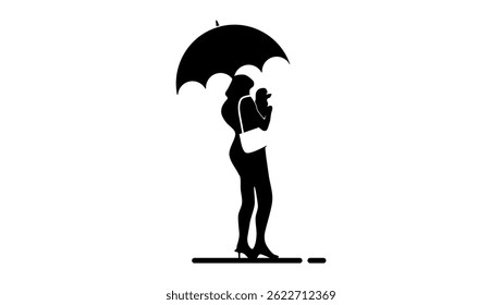 woman and dog under umbrella, black isolated silhouette