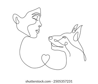 Mujer con el dibujo de la línea del bosquejo del Vector del perro. Perro y mujer líneas negras dibujando sobre fondo blanco. Ilustración minimalista linda de la silueta simple de la mascota