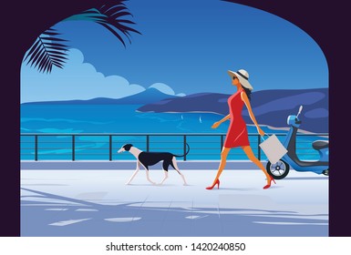 Woman with Dog walking by the seaside. Fashion Illustration. French Riviera