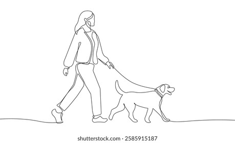 Woman with Dog Walking Continuous One Line Drawing. Woman and Dog One Line Vector Illustration. Minimal Trendy Design for Vet Design, Social Media, Posters, Invitations, Branding. Not AI