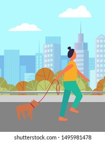 Woman with dog walking near buildings and trees. Female running with pet, training outdoor, sporty person going near skyscrapers, urban view. Vector illustration in flat cartoon style