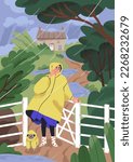 Woman and dog walking in rainy weather, day. Pet owner, girl and cute puppy in hooded raincoat outdoors during stroll in puddles under rain, rainfall, summer shower. Flat vector illustration