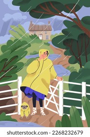 Woman and dog walking in rainy weather, day. Pet owner, girl and cute puppy in hooded raincoat outdoors during stroll in puddles under rain, rainfall, summer shower. Flat vector illustration