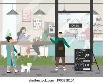 Woman With A Dog Walks By Cafe With Glass Door. People Drink Coffee In Restaurant, Concept Vector Illustration. Cafe Owner Greets Customers In Front Of His Shop