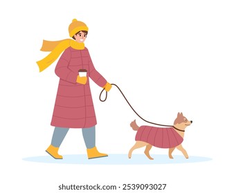 Woman and dog in warm clothes. Winter snowy outdoor activity. Girl walking with dog in cold weather. Snowy winter season. Vector character illustration isolated on white background.