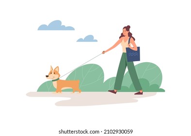 Woman and dog. Young girl keeps her pet on leash. Nature and fresh air. Recreation and weekend. Summer or spring morning in city park. Love and care for animals. Cartoon flat vector illustration
