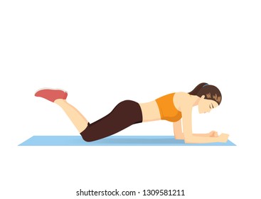 Woman doing Abdominal exercise body with Knee Plank position on blue mat. Illustration about core workout. 