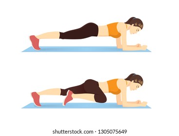 Woman doing Abdominal exercise position introduction with Plank Knee to Elbow in 2 step for guide. Illustration about workout. 