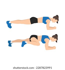 Mujer haciendo ejercicio abdominal con Plank Knee a Elbow en 2 pasos para guía. Ilustración vectorial plana aislada en fondo blanco