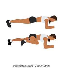 Woman doing Abdominal exercise position introduction with Plank Knee to Elbow in 2 step for guide. Flat vector illustration isolated on white background