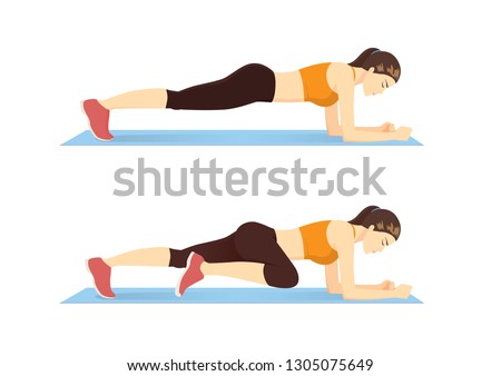 Woman doing Abdominal exercise position introduction with Plank Knee to Elbow in 2 step for guide. Illustration about workout. 